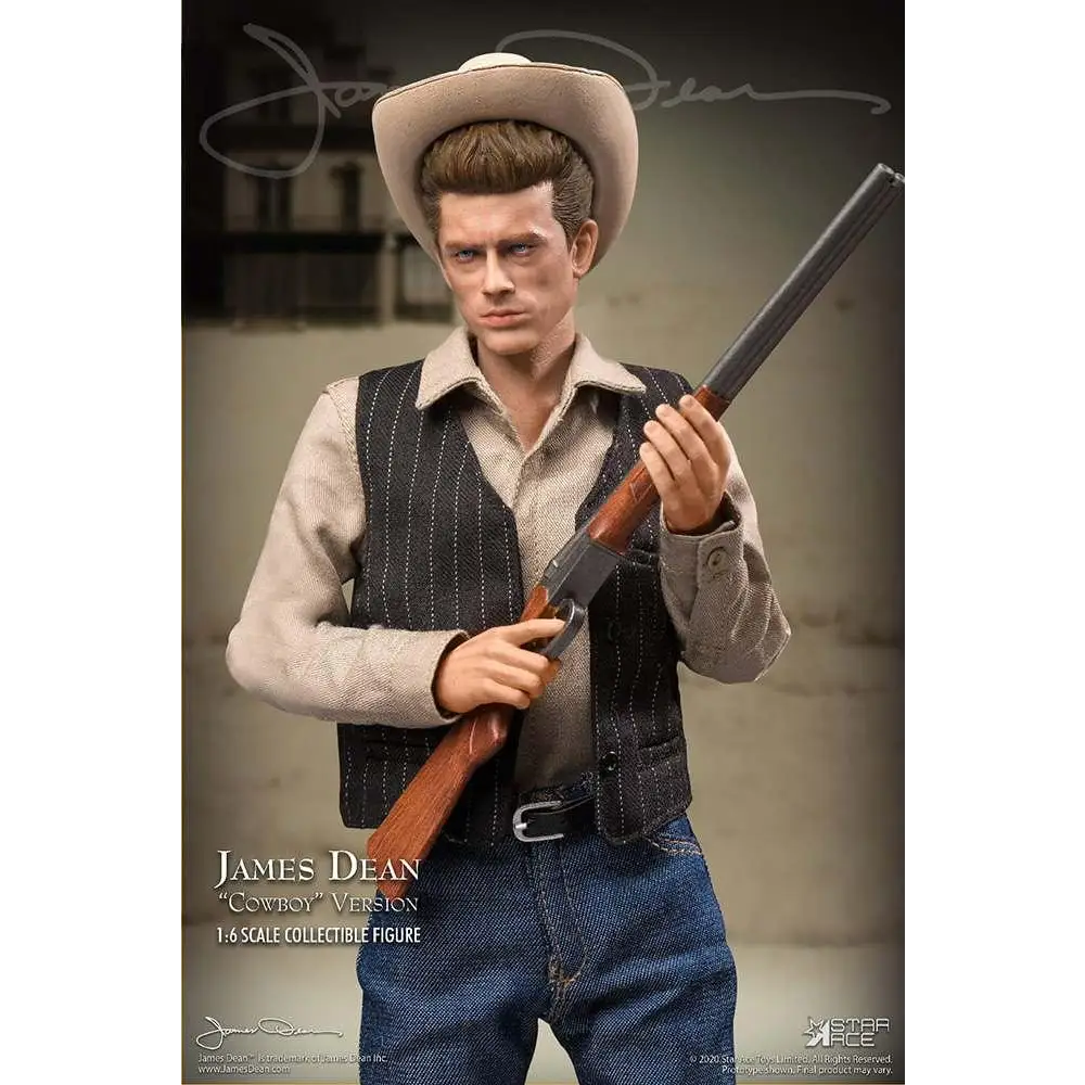 James Dean cowboy 1:6 figur med beige hatt, väst, jeans och gevär