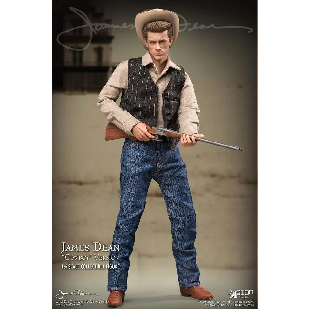 James Dean cowboy 1:6 skala figur med tan hatt, väst, jeans och stövlar