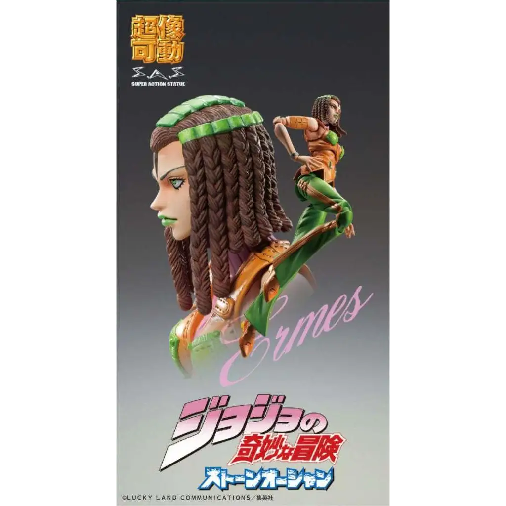 Ermes Costello figur med gröna och bruna flätor och grönt pannband från JoJos Bizarre Adventure