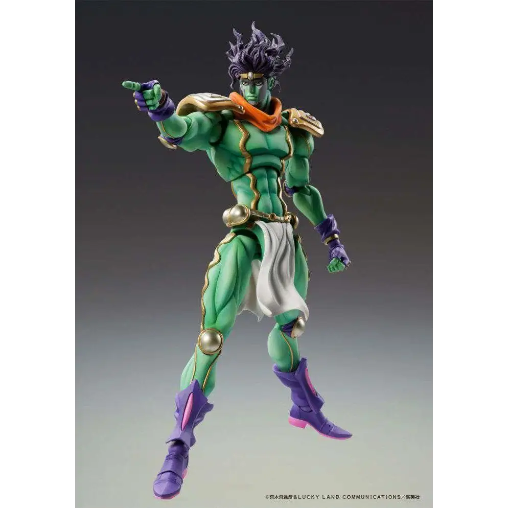 Grön och lila JoJos Bizarre Adventure Star Platinum-figur med spikigt hår och vit duk