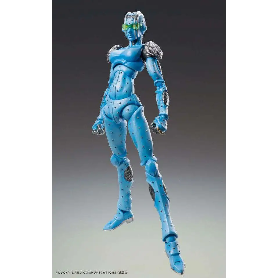 Blå metallfigur med gröntonade glasögon och silverdetaljer från Jojo’s Bizarre Adventure