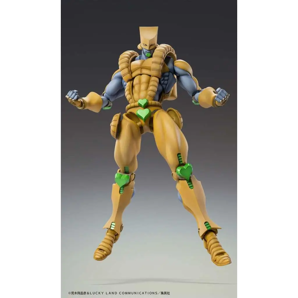 Guld, muskulös actionfigur med gröna hjärtformade accenter från JoJos Bizarre Adventure