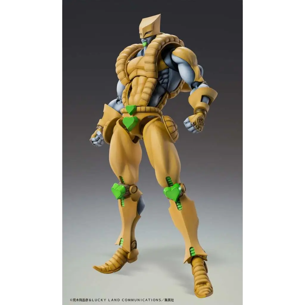 Guldigt rustad actionfigur med gröna hjärtformade accenter och stiliserad hjälm från JoJos Bizarre Adventure ADV3: The World Chozokado Big AF
