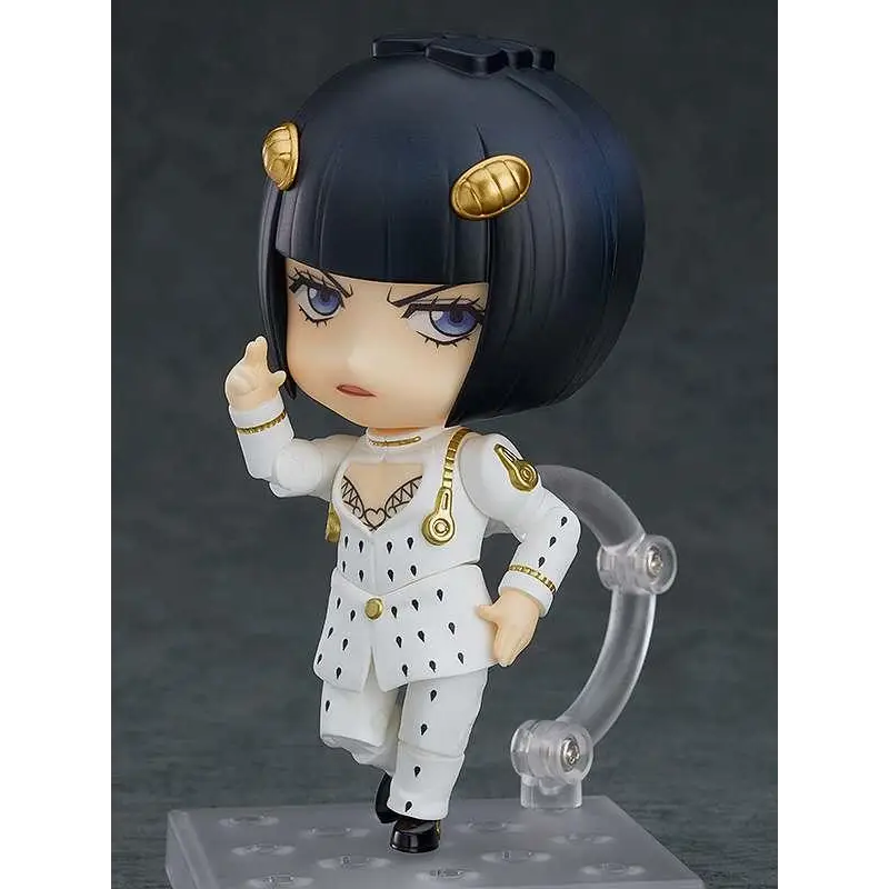 Vit JoJos Bizarre Adventure Bruno Bucciarati Nendoroid i vit och guld med svart bobfrisyr och hjärtbroderad polkagrupp
