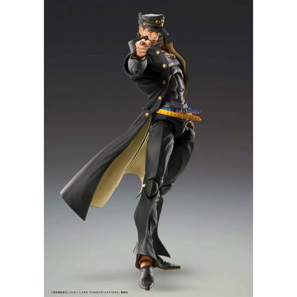 Svart och guld Jotaro Kujo actionfigur i JoJos Bizarre Adventure, med lång mantel, hatt och stövlar