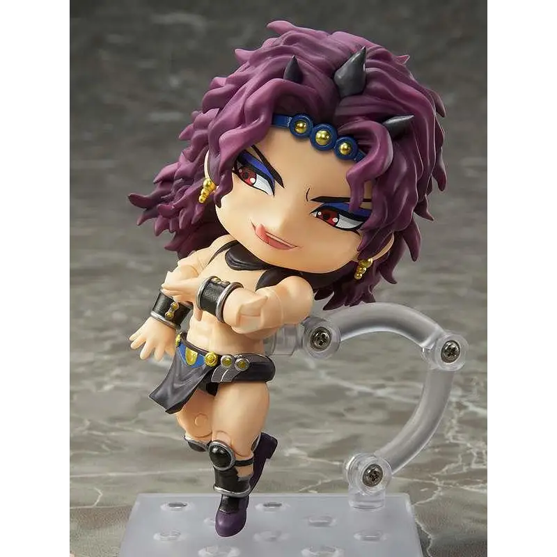 Lila hård, chibi-stil JoJos Bizarre Adventure Kars Nendoroid-figur med svarta horn och gulddetaljer på klar plastbas