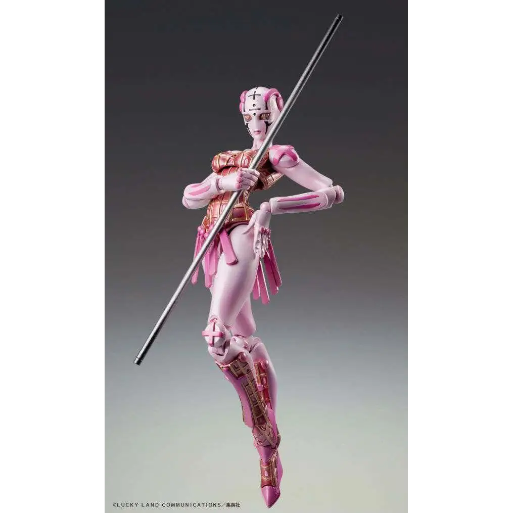 Rosa och guldfärgad JoJos Bizarre Adventure-actionfigur med kvinna som håller stav