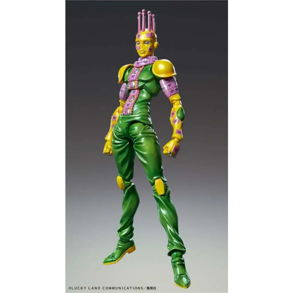 Grön och gul figur med lila accenter och kronliknande huvudprydnad från JoJos Bizarre Adventure del 6 - Ki Chozokado