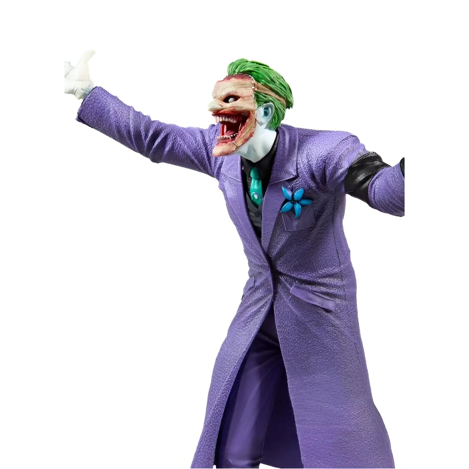 Lila statyett i Joker Capullo-stil med lila lång kappa, grönt hår och turkos blompin