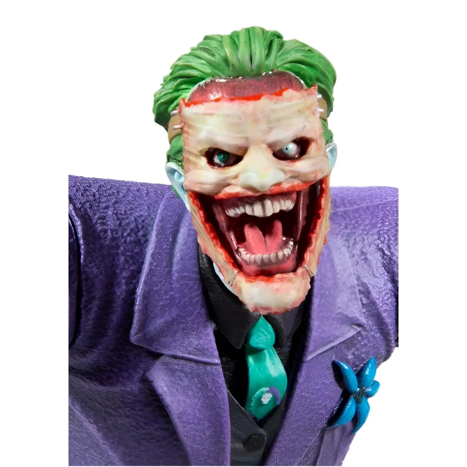 Lila Joker-statyn med lila kostym, gröna taggiga håret och turkos slips