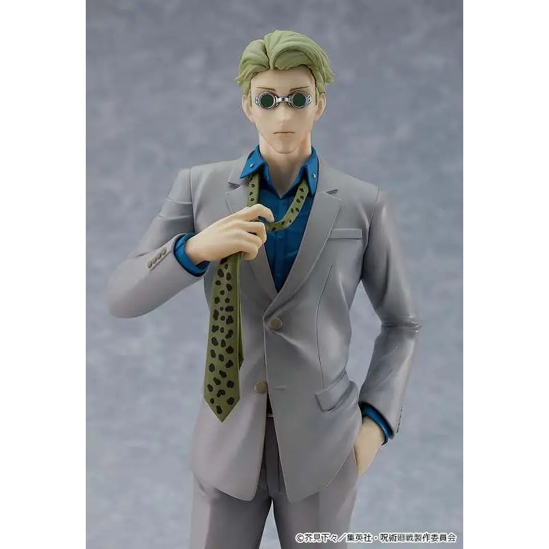 Grå kostymfigur med grönt hår, runda skyddsglasögon och blå skjorta under jackan från Jujutsu Kaisen Kento Nanami-figur