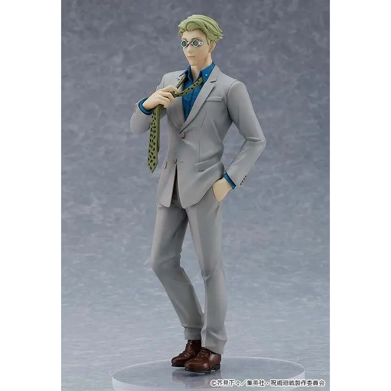 Jujutsu Kaisen Kento Nanami-figur med grå kostym, grön-svart slips, blå skjorta, bruna skor och goggles