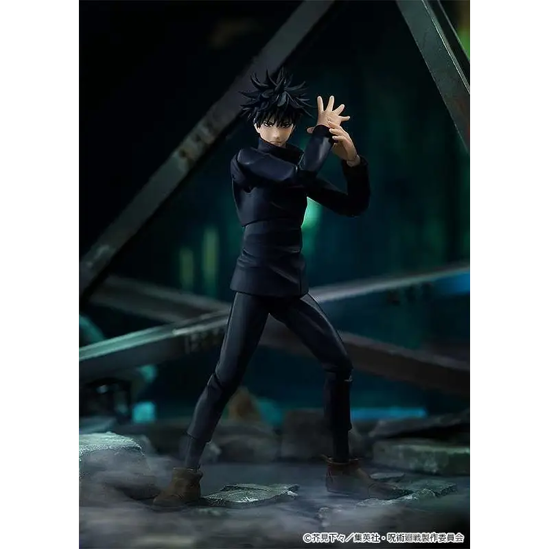Jujutsu Kaisen Megumi Fushiguro figma: svart spretig hår, svart kostym, bruna stövlar