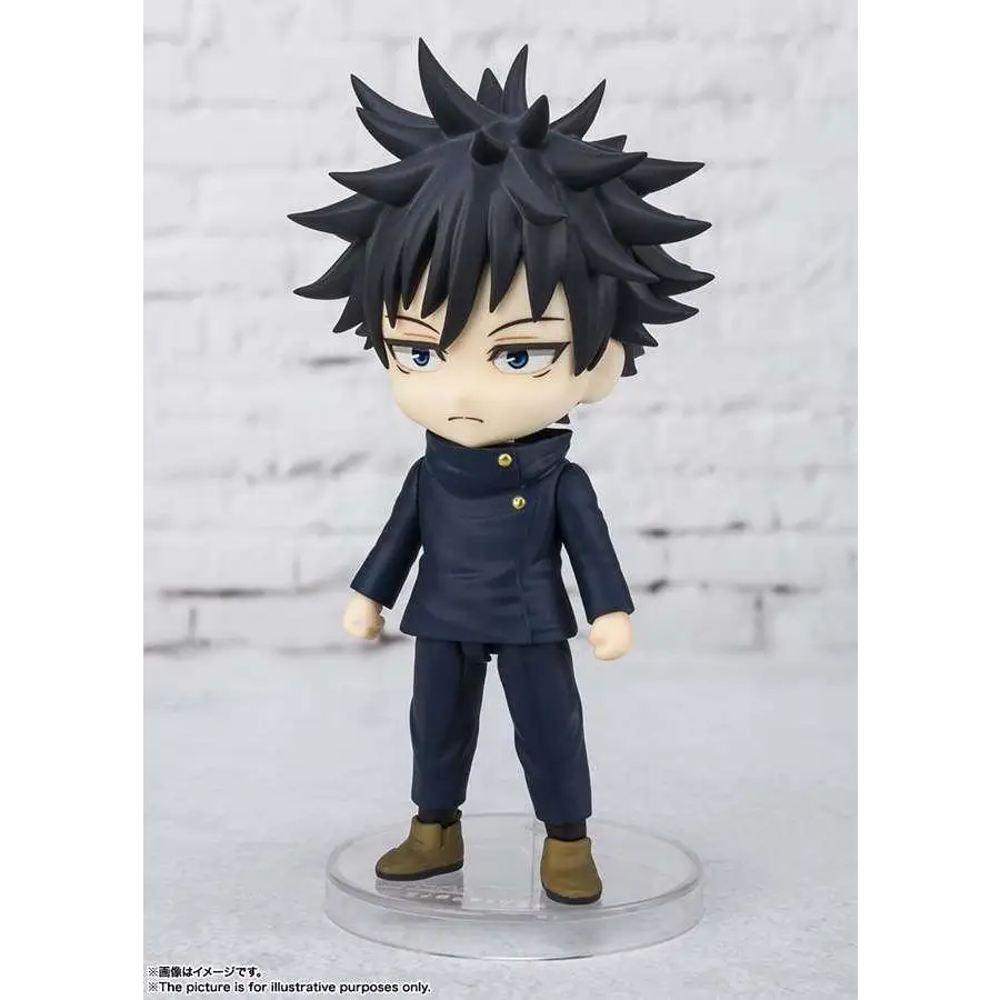 Jujutsu Kaisen Megumi Fushiguro mini-figur med svart spretigt hår i marinblå uniform och bruna stövlar på transparent bas