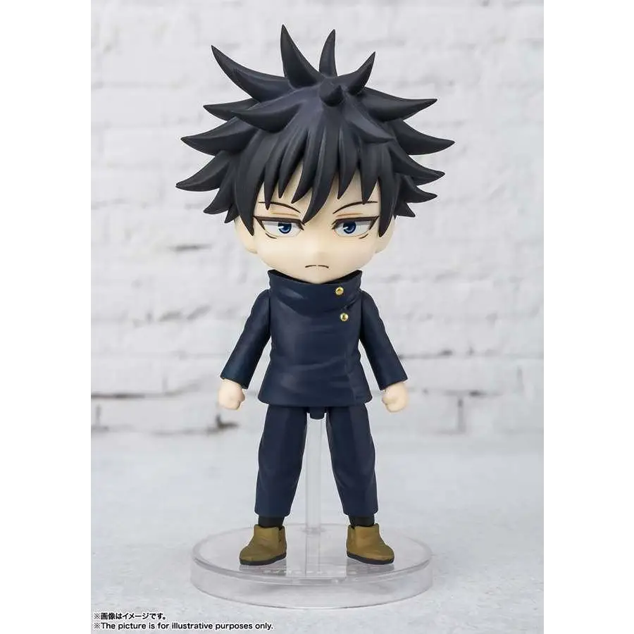 Jujutsu Kaisen Megumi Fushiguro mini figur med svart spretigt hår i marinblå uniform och bruna stövlar på klar plastbas