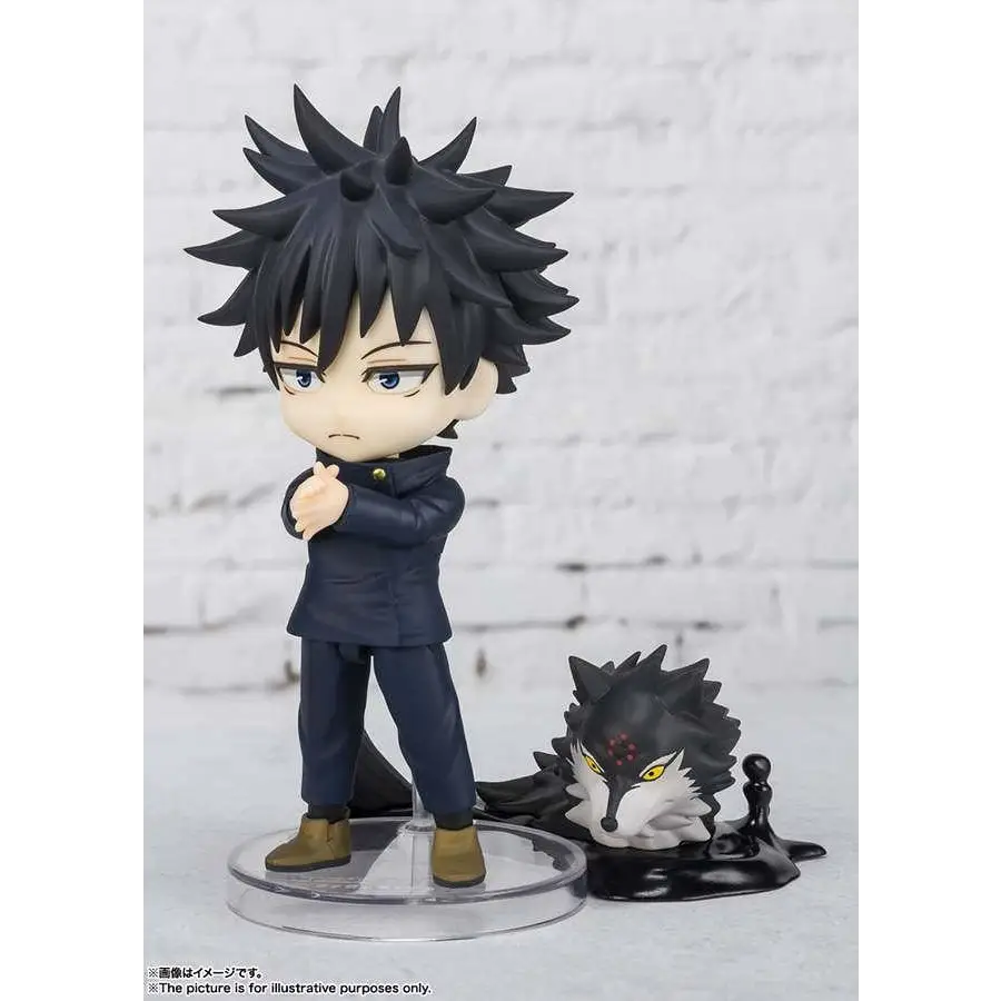 Jujutsu Kaisen Megumi Fushiguro chibifigur med svart spretthår i marin uniform, bredvid svartvit varg på akrylbas