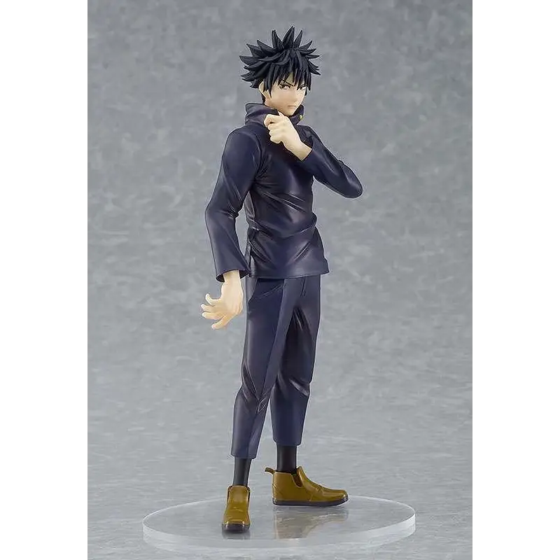 Jujutsu Kaisen Megumi Fushiguro POP UP PARADE-figur med svart spretthår i mörk marin huva och senapsgula stövlar på klar rund bas