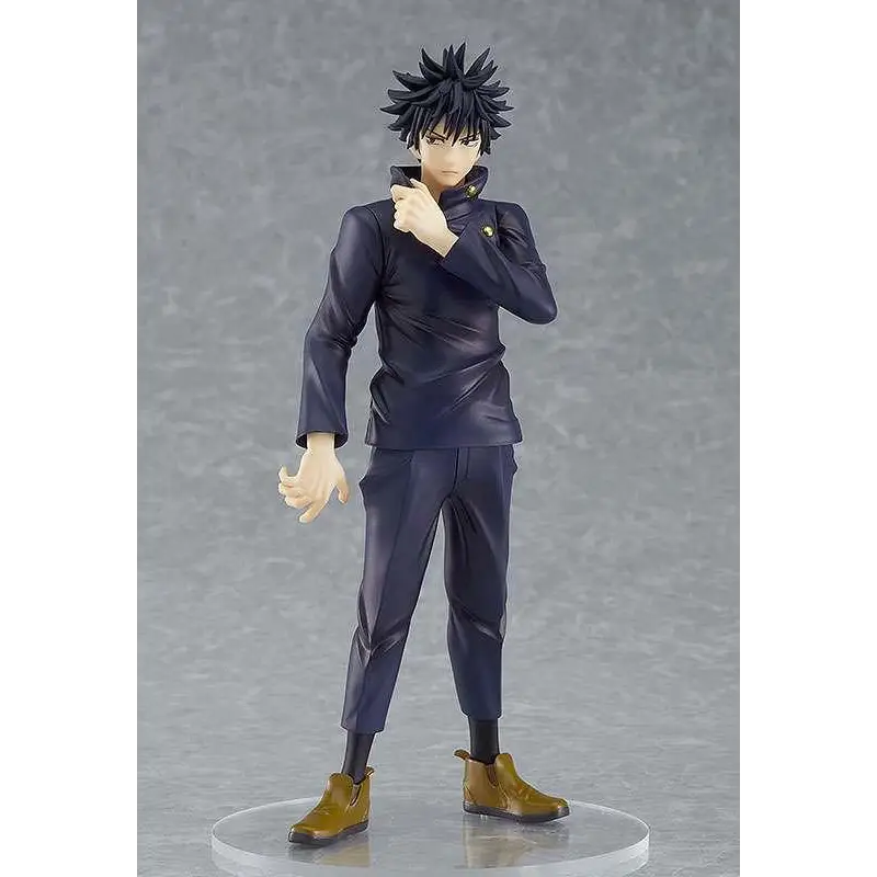 Jujutsu Kaisen Megumi Fushiguro POP UP PARADE-figur med svart spretigt hår i marinblå uniform och bruna stövlar på klar cirkulär bas