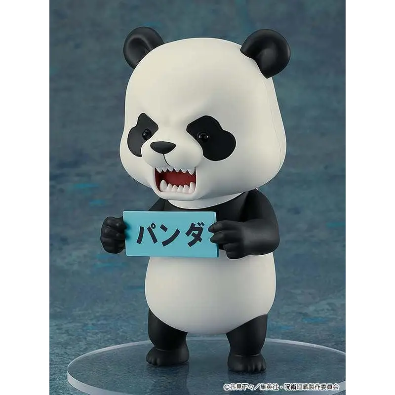 Söt figurin av Jujutsu Kaisen Panda Nendoroid med leende panda som håller skylt med パンダ
