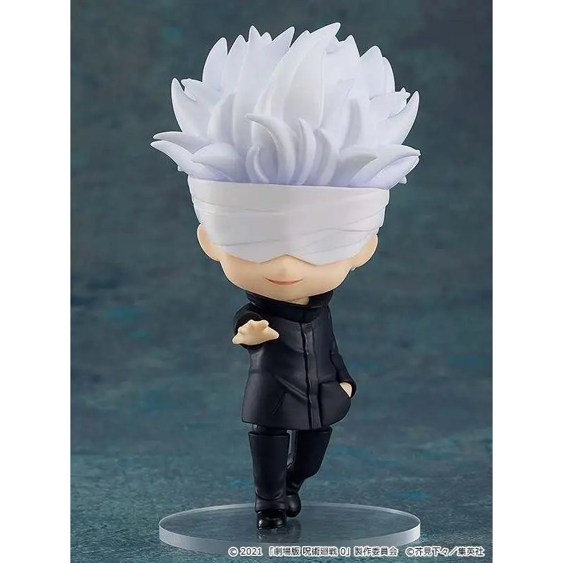 Vit spikig-hårig animefigur Satoru Gojo med vit bindel, svart klädsel, Jujutsu Kaisen 0 Nendoroid