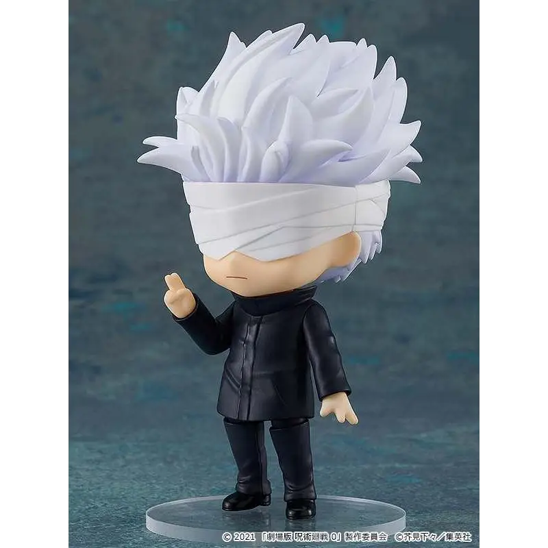 Vit Nendoroid-figur av Satoru Gojo från Jujutsu Kaisen 0, med vit spretigt hår och ögonbindel i svart klädsel