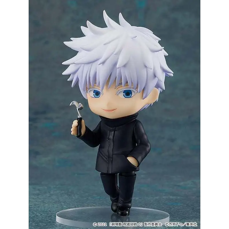 Chibi Jujutsu Kaisen 0 Satoru Gojo Nendoroid-figur med spikig vit hår, blå ögon, svart klädsel och liten hammare