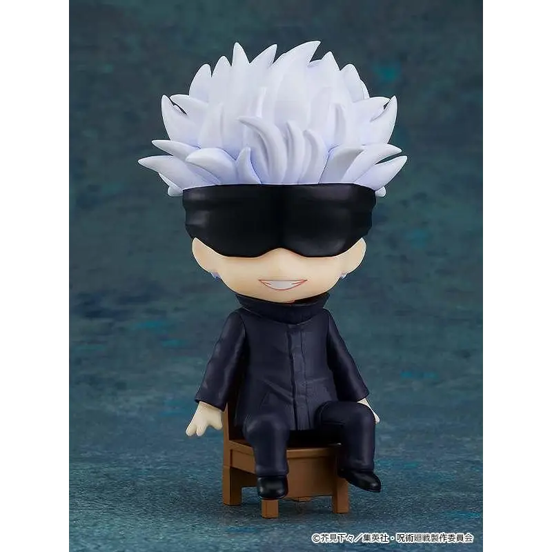 Chibi Jujutsu Kaisen Satoru Gojo Nendoroid Swacchao-figur med spikig vit hår och svarta solglasögon i marinblå kostym