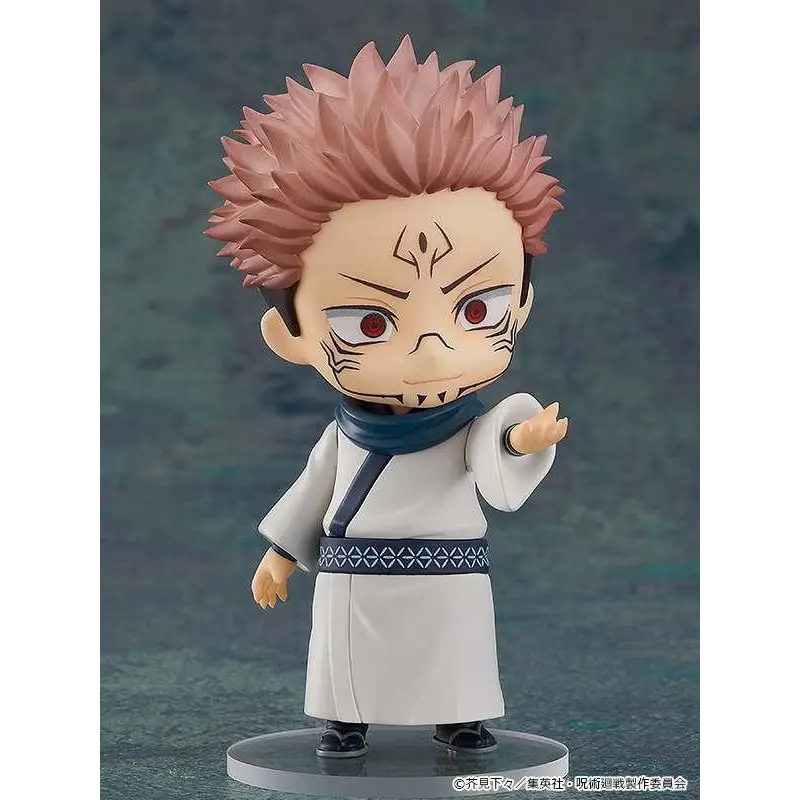 Chibi Jujutsu Kaisen Sukuna Nendoroid-figur med spretig rosa hår, röda ögon och vit mantel