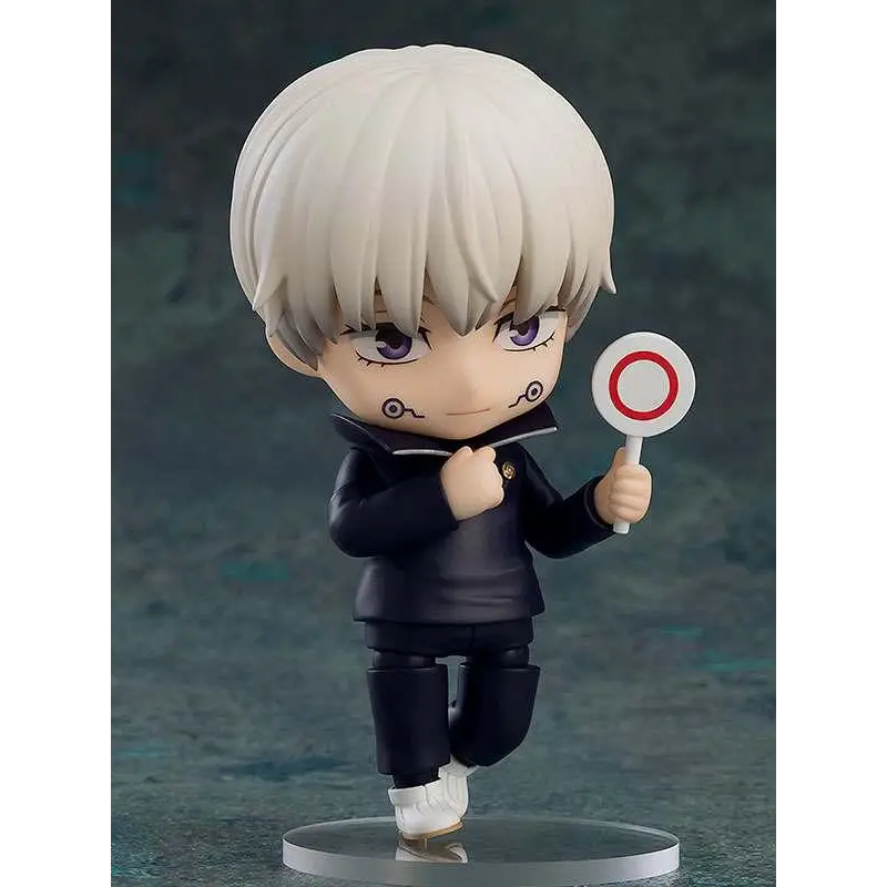 Jujutsu Kaisen Toge Inumaki Nendoroid-figur med vit hår, lila ögon, svart outfit och röd-vit lolipop