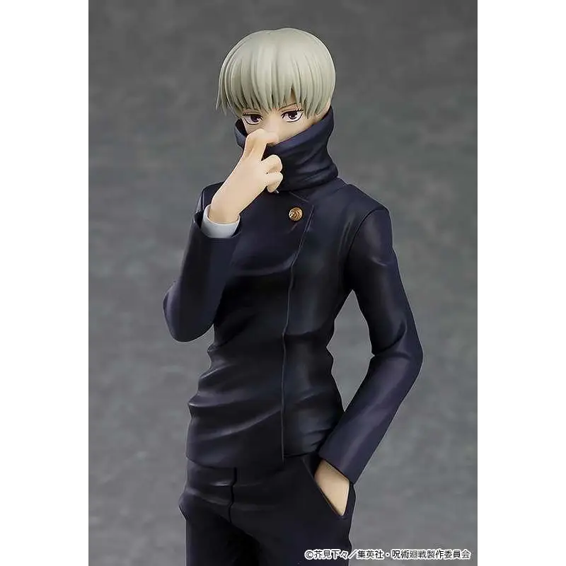 Mörkblå läderliknande jacka med guldknapp och hög krage på Jujutsu Kaisen Toge Inumaki POP UP PARADE-figur