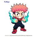 Chibi Jujutsu Kaisen Yuji Itadori med spretig rosa hår, röd scarf och blå energi