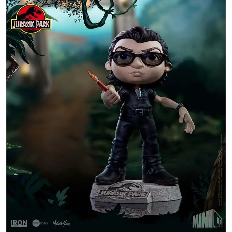Svart vinylfigur av Ian Malcolm från Jurassic Park med glasögon, mörk klädsel och fackla på Jurassic Park-bas