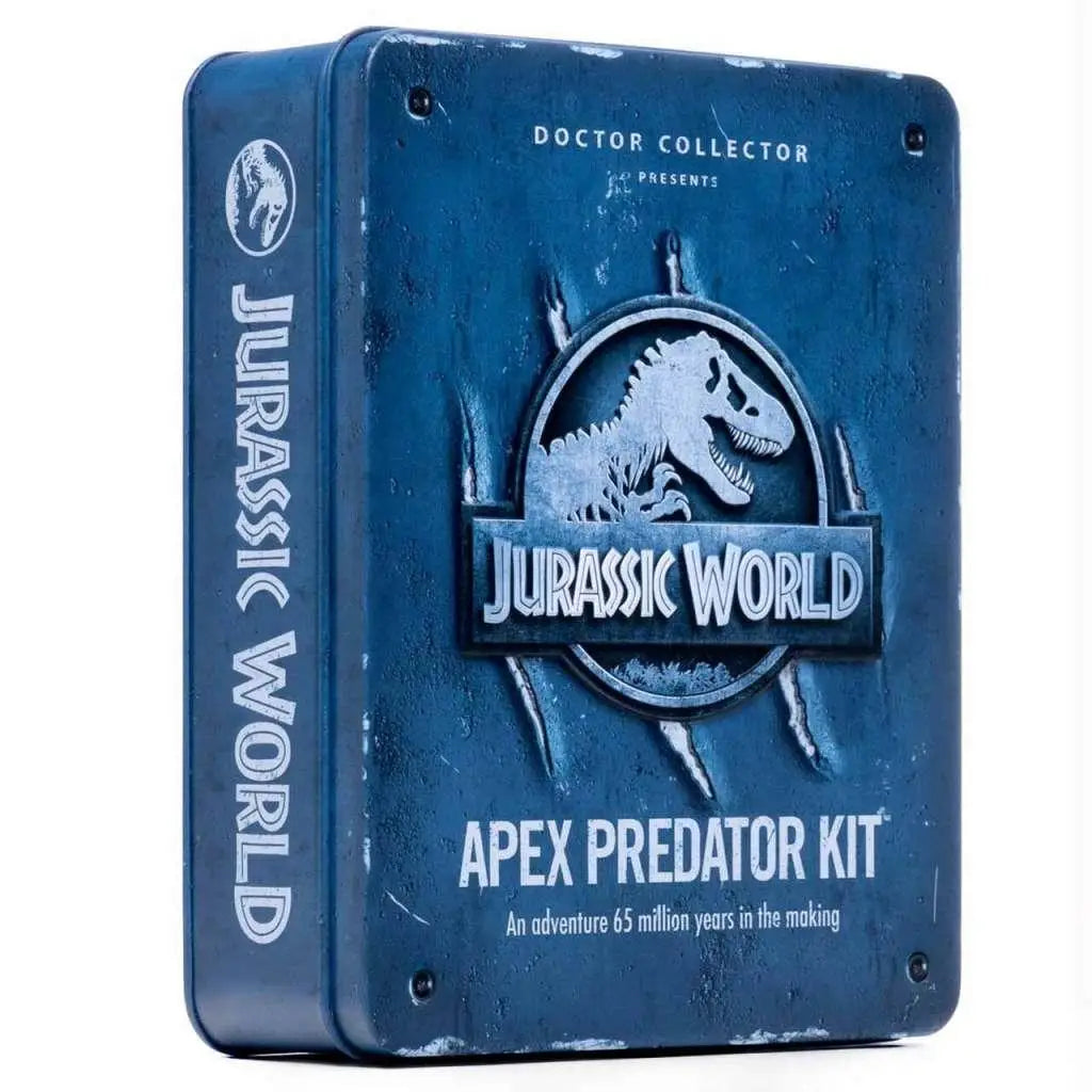 Blå metallburk med Jurassic World-logo och Apex Predator Kit-text