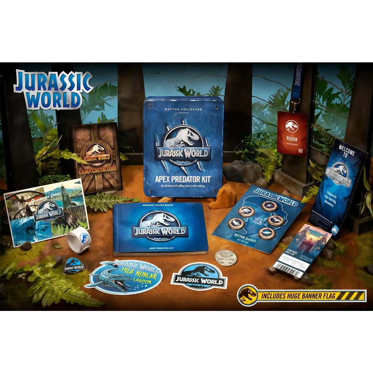 Blå Jurassic World Apex Predator Kit-låda med dinosaurielogo och metallisk finish