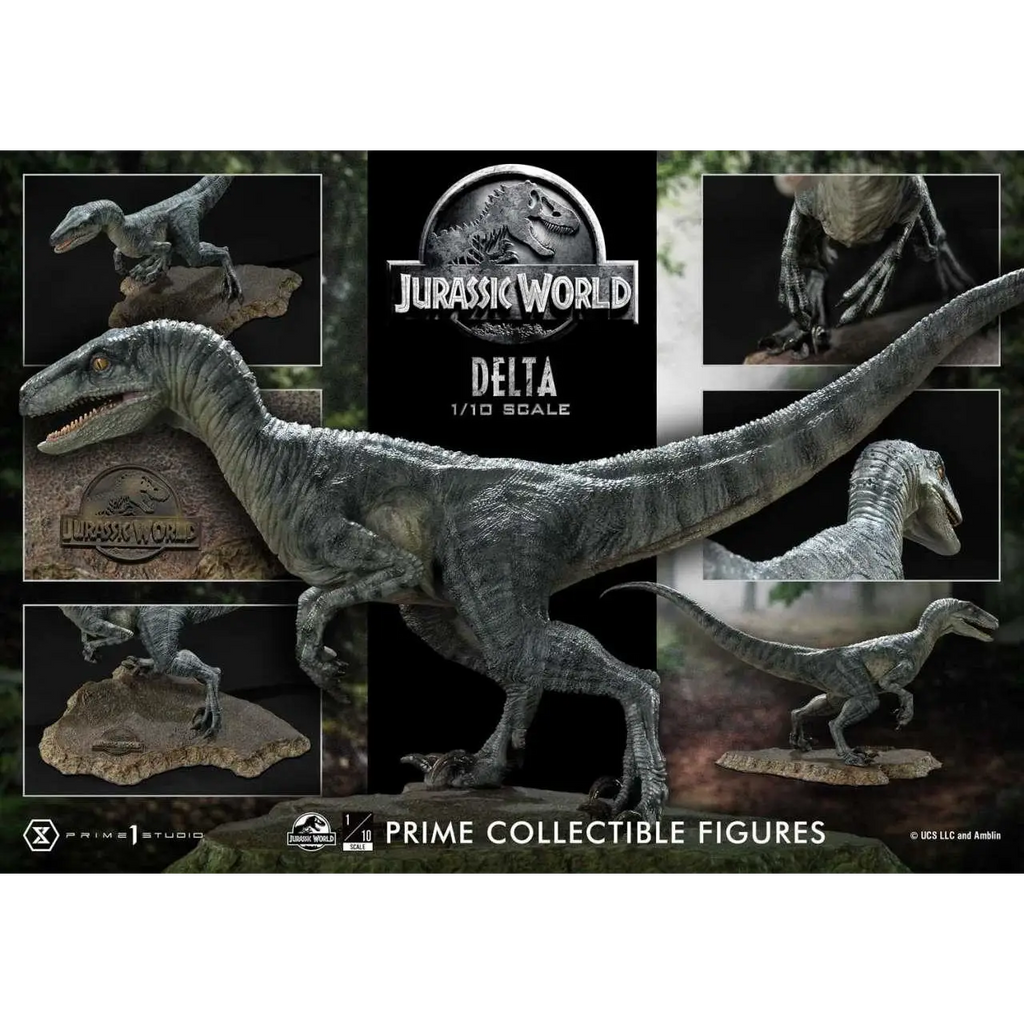 Gråblå Delta Raptor-figur från Jurassic World, 1/10-skala av Prime 1 Studio
