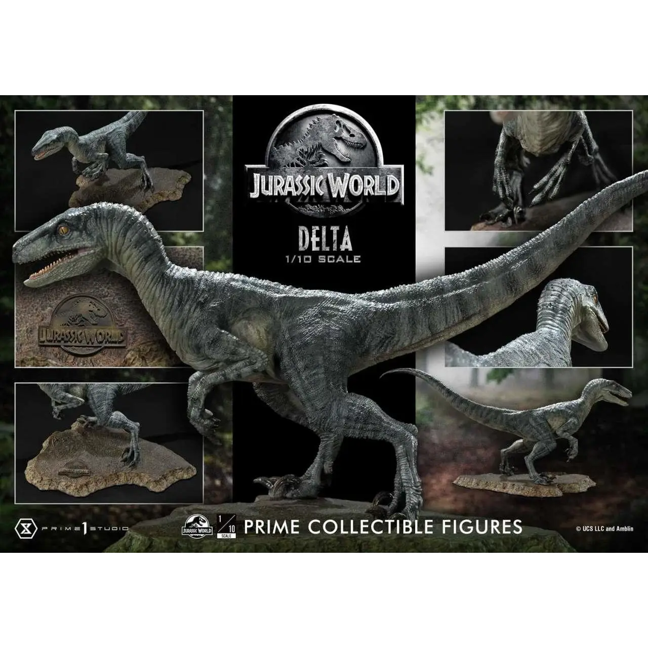 Gråblå Delta Raptor-figur från Jurassic World, 1/10-skala av Prime 1 Studio