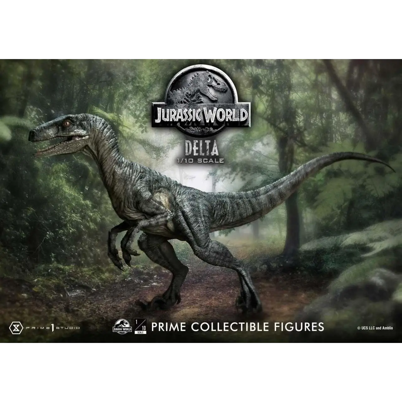 Grå och svart skalig Delta Raptor-figur från Jurassic World, 1/10 skala av Prime 1 Studio