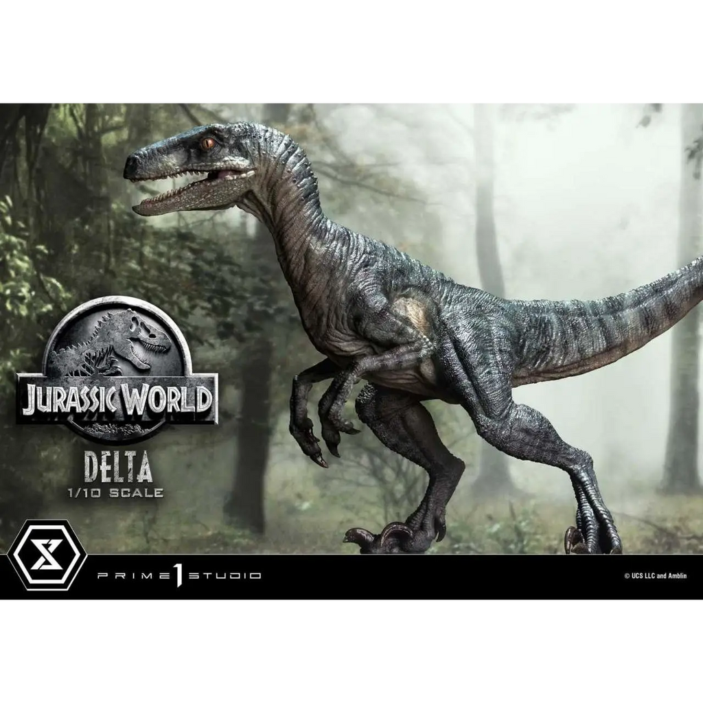 Gråblå detaljerad 1/10-skala Delta Raptor-staty från Jurassic World av Prime 1 Studio