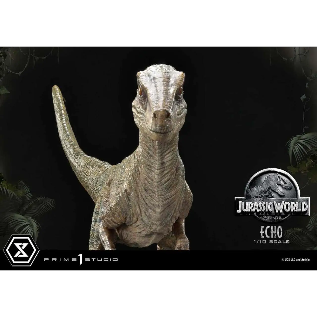 Grå, texturerad 1/10-skalans dinosauriestaty från Prime 1 Studios Jurassic World Echo-kollektion