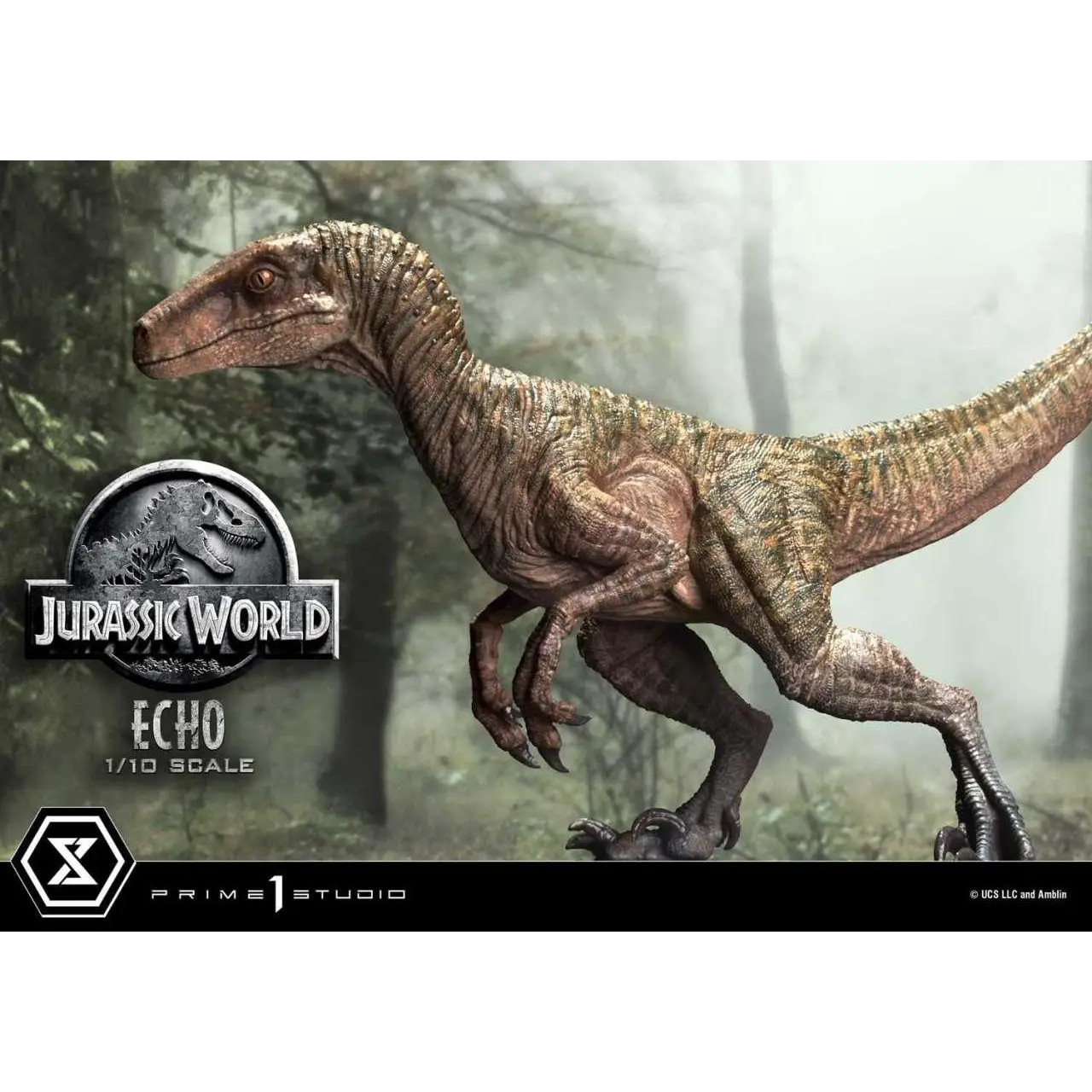 Detaljerad 1/10-skala modell av velociraptor från Jurassic World Echo Prime, med realistisk brun och tan texturerad hud med intrikata fjäll