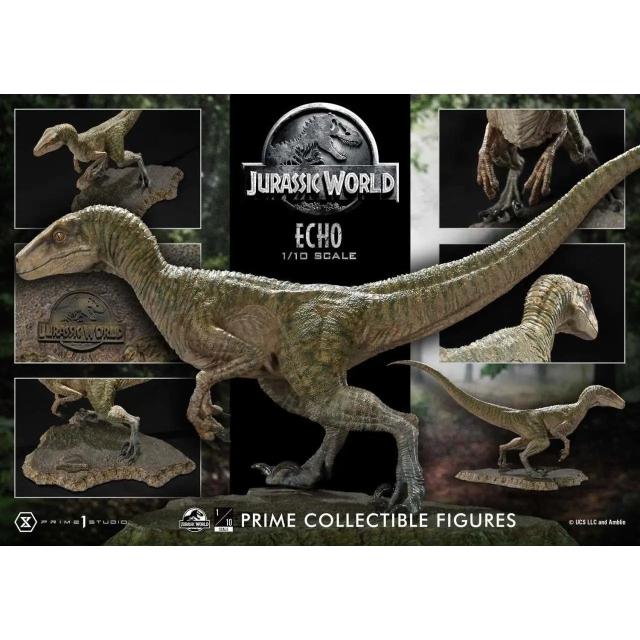 1/10 skala detaljerad resinfigur av grönbrun velociraptor Echo från Jurassic World, Jurassic World Echo Prime-samlarstaty