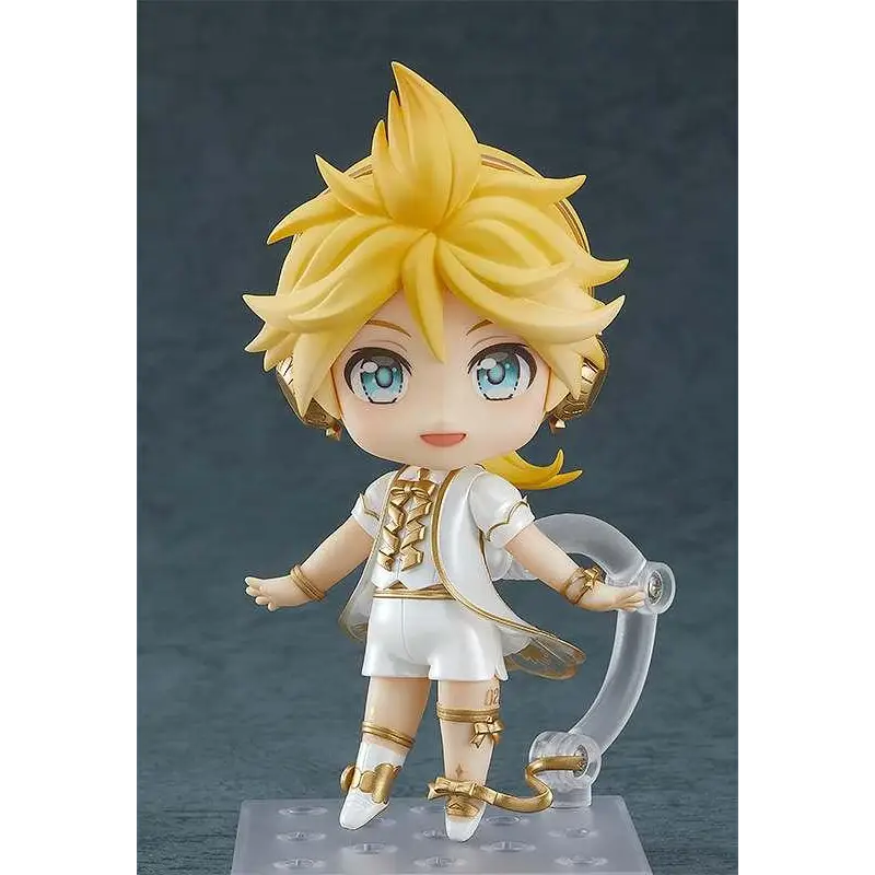 Guldigt hårig, blåögd Kagamine Len Nendoroid-figur från Hatsune Miku Symphony 2022 i vit och guld outfit med detaljerade tillbehör