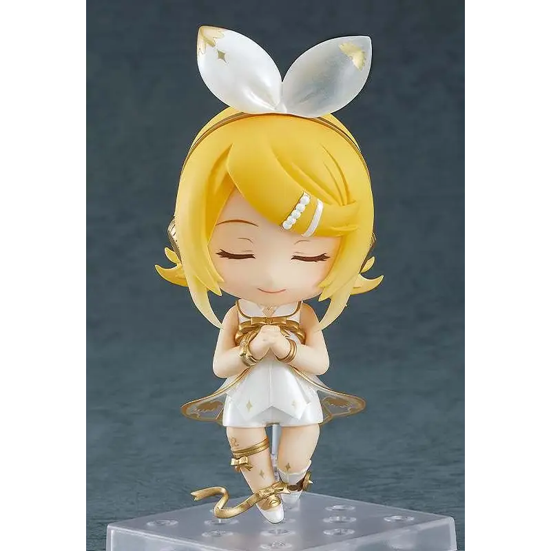 Chibi Nendoroid-figur av Kagamine Rin i vit klänning med guldstjärnor och kaninöron