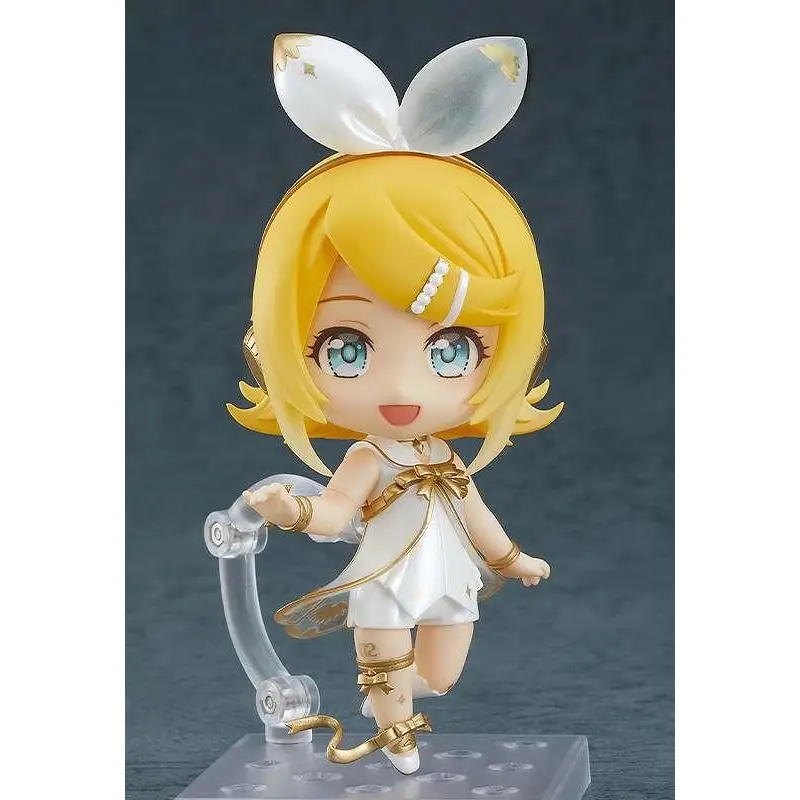 Vit Nendoroid-figur av Kagamine Rin Symphony 2022, chibi-anime tjej med blont hår, blå ögon och kaninöron i vitt och guld