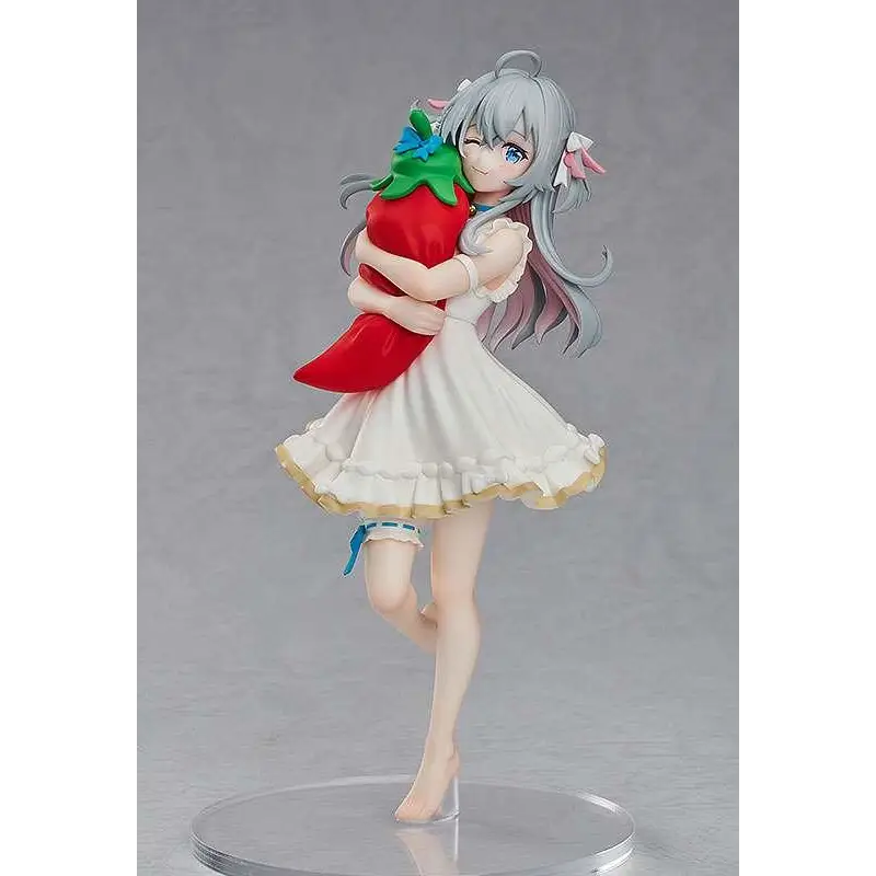 Kagura Nana POP UP PARADE-figur av silverhårig animeflicka med vit klänning och jordgubbsplush