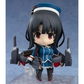Chibi Nendoroid-figur av Kancolle Takao, marin officer med svart hår, röda ögon, blå uniform, hållande grå kanontorn