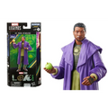 Lila och gröna Loki-figuren från Marvel Legends i lila mantel med guld, håller äpple