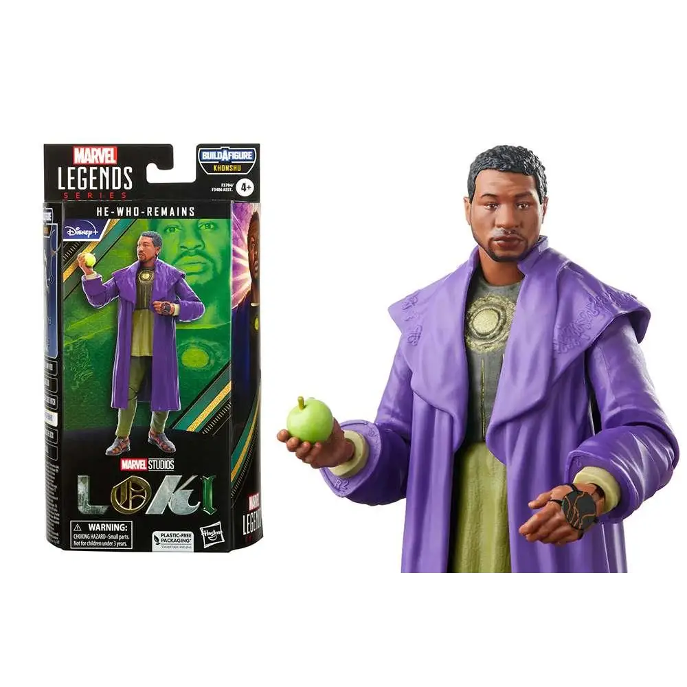 Lila och gröna Loki-figuren från Marvel Legends i lila mantel med guld, håller äpple