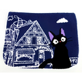 Marinblå Kiki Delivery Jiji blå pochette med vit broderad katt och hus