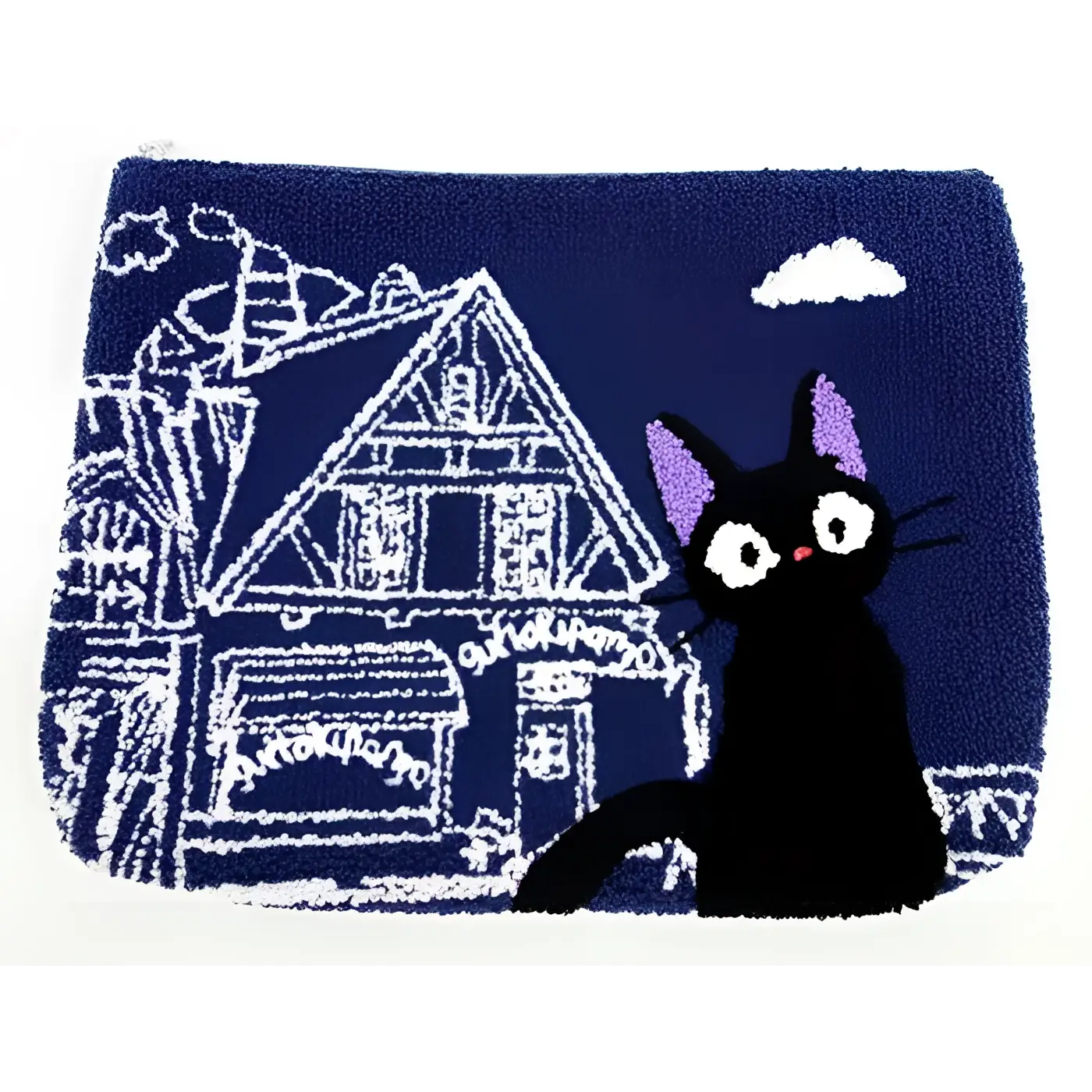 Marinblå Kiki Delivery Jiji blå pochette med vit broderad katt och hus